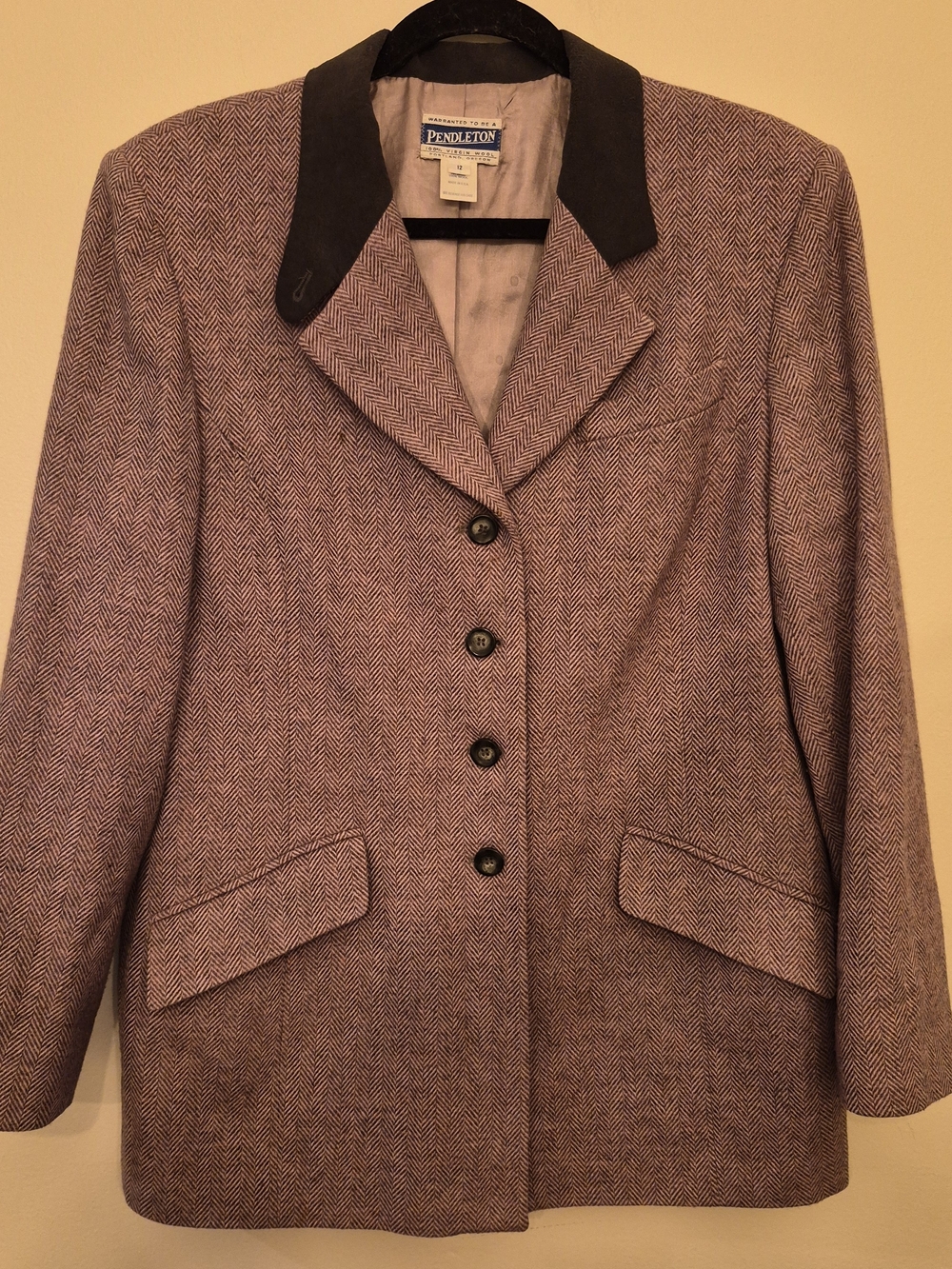 Vintage Pendleton Wool Blend Herringbone Blazer Jacket Velvet Collar Size 12